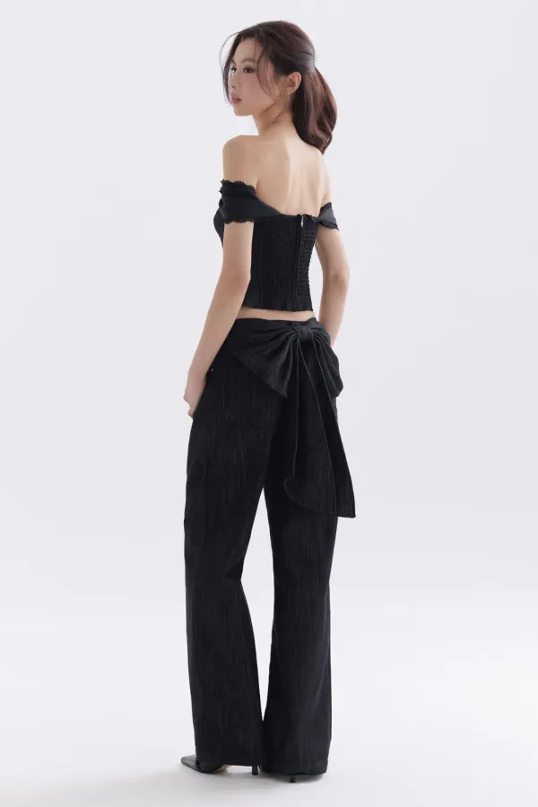 Back Navi Ribbon Denim Pants (Black)