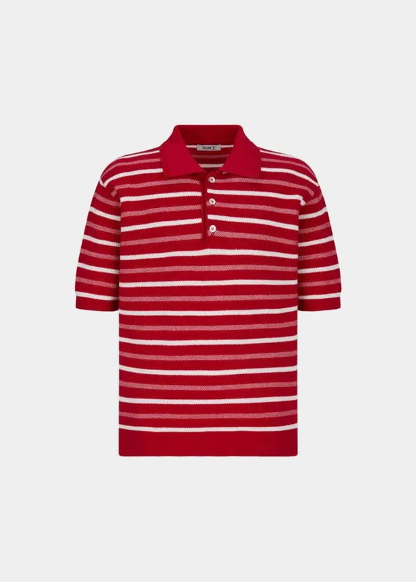 COTTON STRIPED KNIT POLO SHIRT - RED