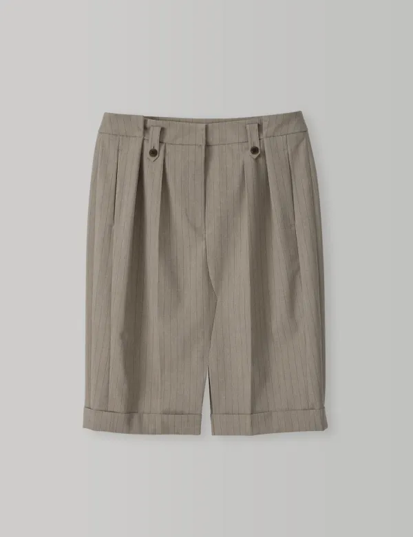 Pinstripe Tailored Midi Skirt (Beige)