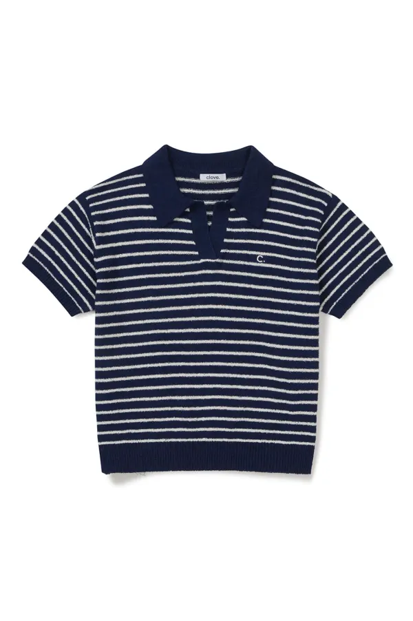 [26SM clove] Stripe Boucle Collar Knit (Navy)