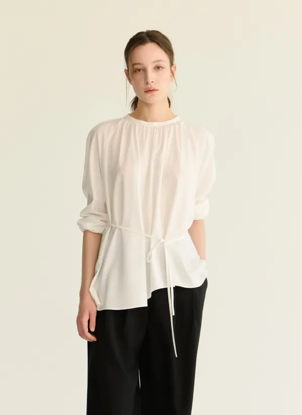 long sleeve neck-shirring blouse_wh