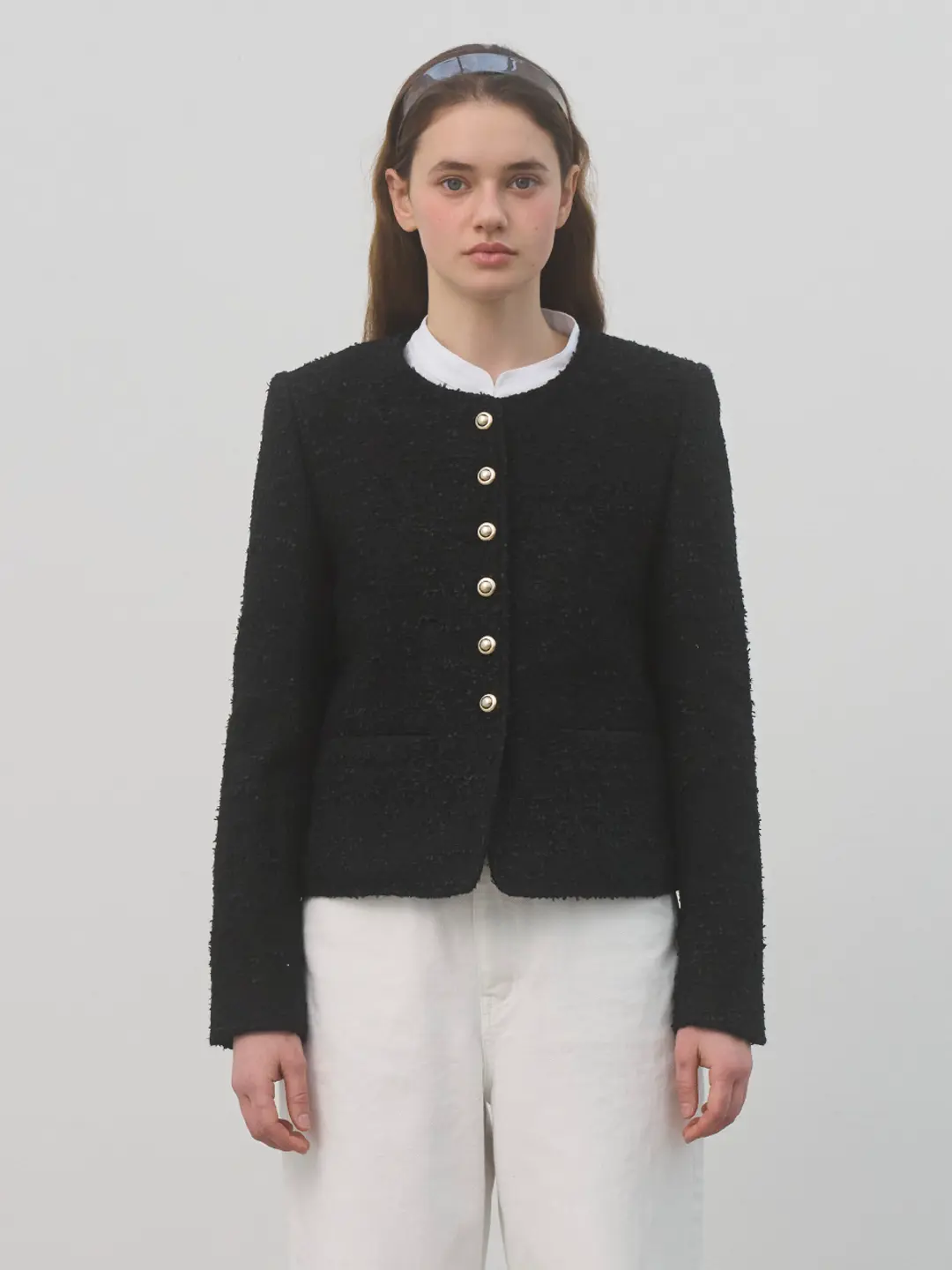 쏘이르 BUTTON POINTED TWEED JACKET - BLACK 상품 이미지 2