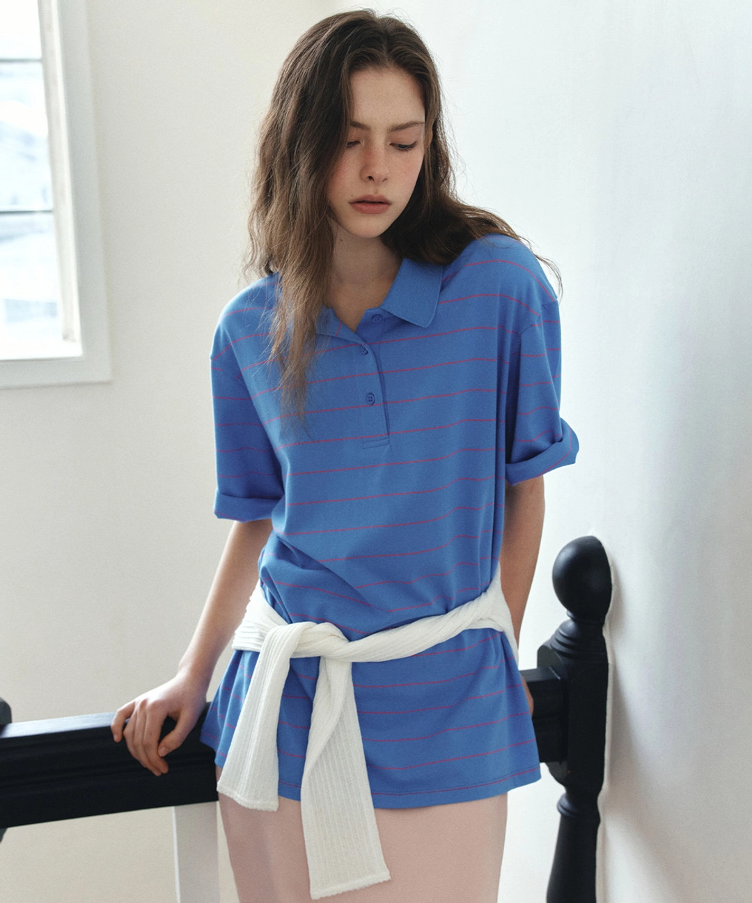 반원 아뜰리에 [5/21 예약발송]A3599 루즈핏 스트라이프 칼라 티셔츠_Cobalt blue 상품 이미지 2