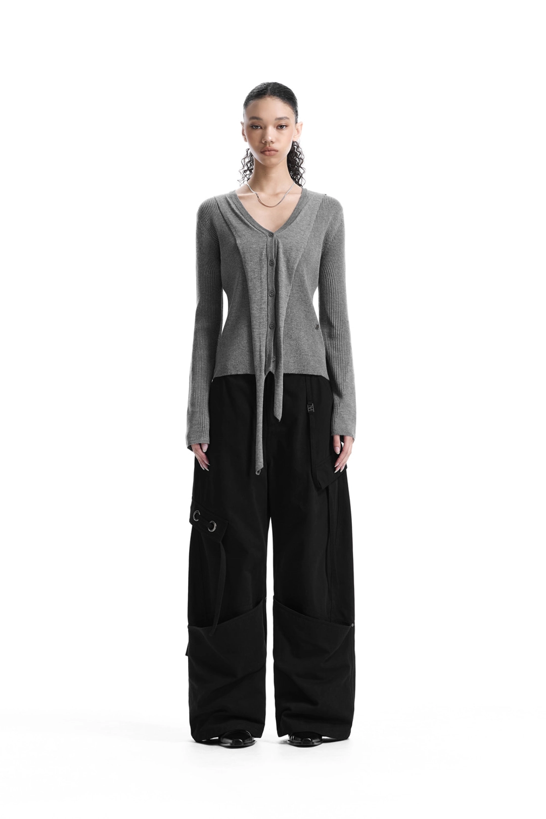 트리밍버드 V-Neck Scarf Knit Cardigan [ Melange Gray ] 상품 이미지 2
