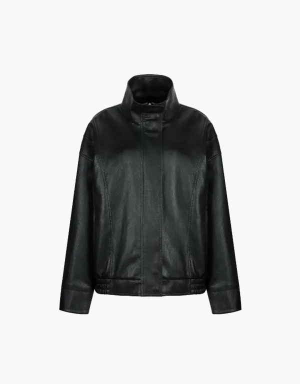 high neck leather blouson jacket - black