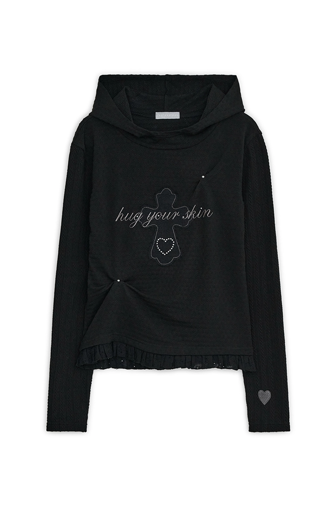 허그유어스킨 Lace cross patch hoodie (Black) 상품 이미지 1