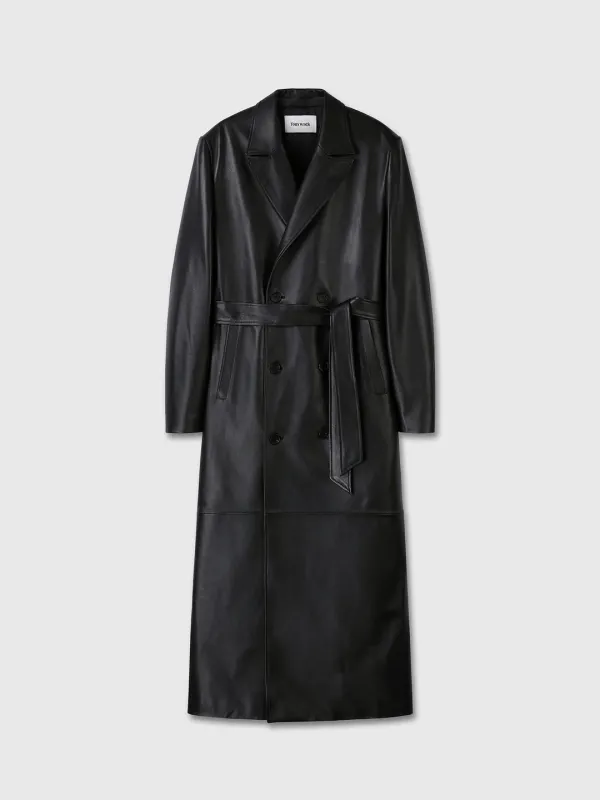 (W) NAPPA LEATHER DOUBLE-BREASTED COAT_ BLACK