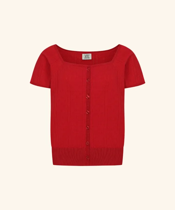 Square neck Punching Short Sleeve Cardigan ( Red )