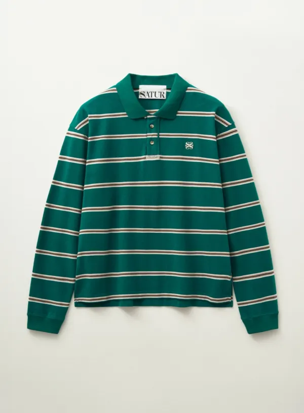 Stripe Pique Polo Long Sleeve - Deep Green