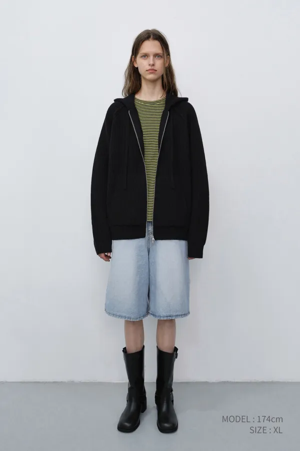 UNISEX HOODED KNIT CARDIGAN BLACK_UDSW6C104BK