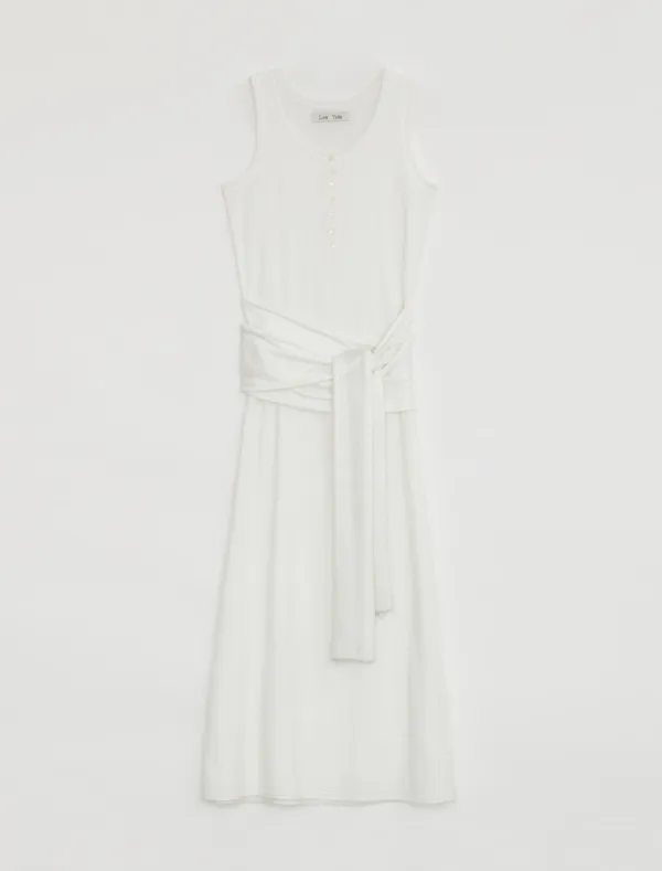 HENLEY NECK WRAP KNIT DRESS [WHITE]