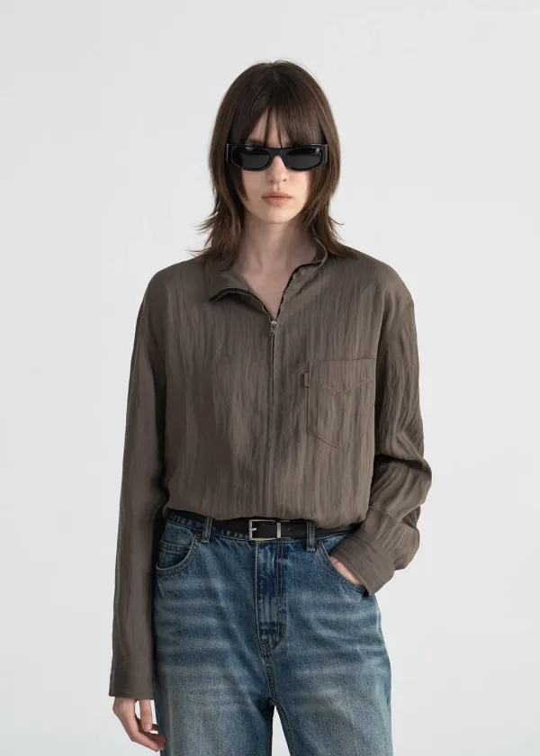 LYOCELL ZIP-UP SHIRT - KHAKI BROWN