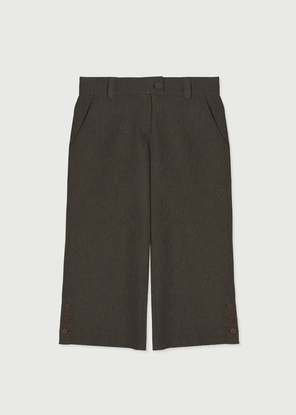 BUTTON HEM CROP SLACKS - BROWN