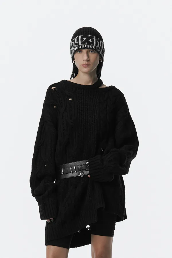 Mixed Cable Knit Pullover [ Black ]