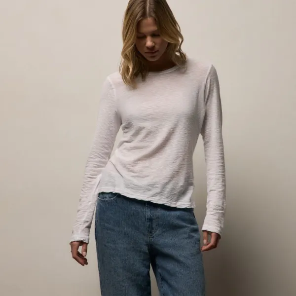 Sheer Slub Long Sleeve Crew - White