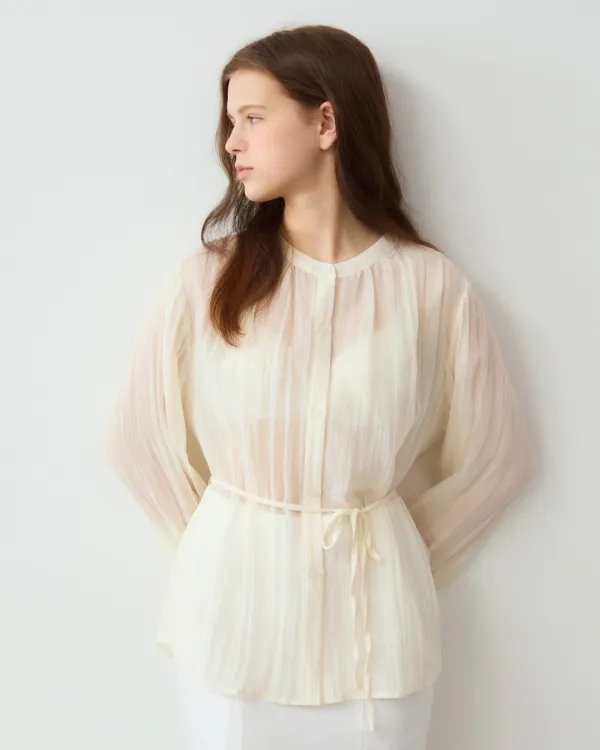 Wrinkle see through belted blouse - cream