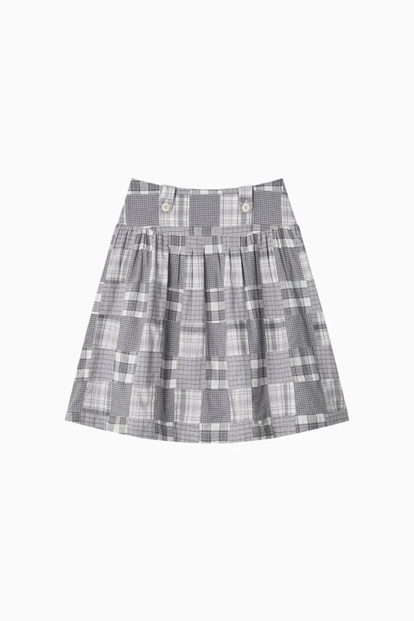 PLEATED PATCHWORK MIDI SKIRT, GRAY CHECK