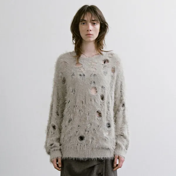 Shaggy distressed Hole Knit [ Khaki Beige ]
