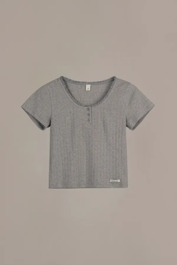 BUTTON EYELET T-SHIRT_MELANGE GREY