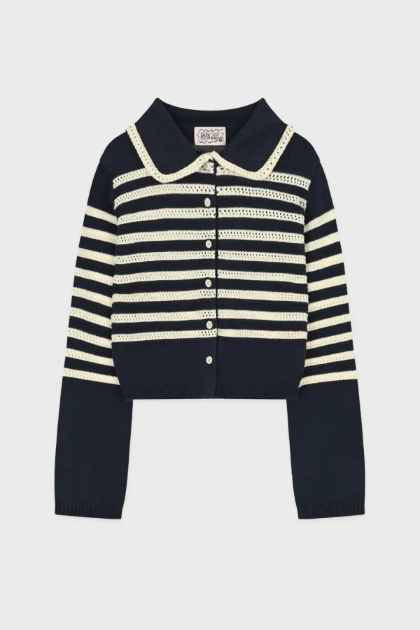 Stripe Collar Cardigan (Navy)
