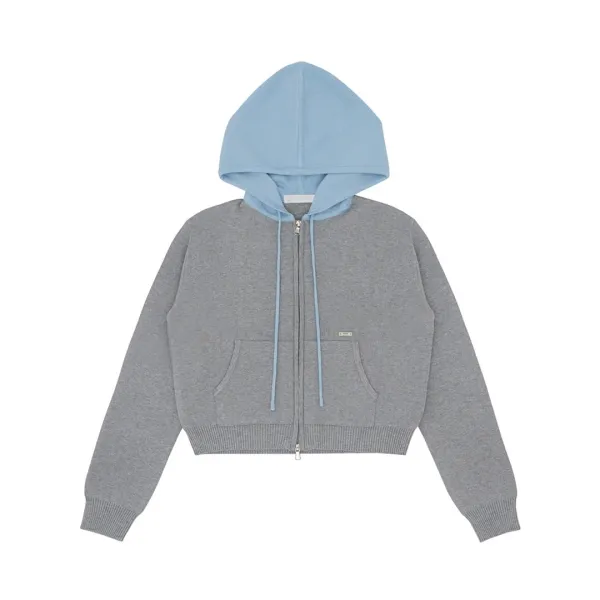 Two-tone Hooded Knit Zip-up Jumper (heather grey)