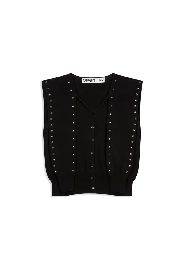STUD SLEEVE LAYERED CARDIGAN, BLACK