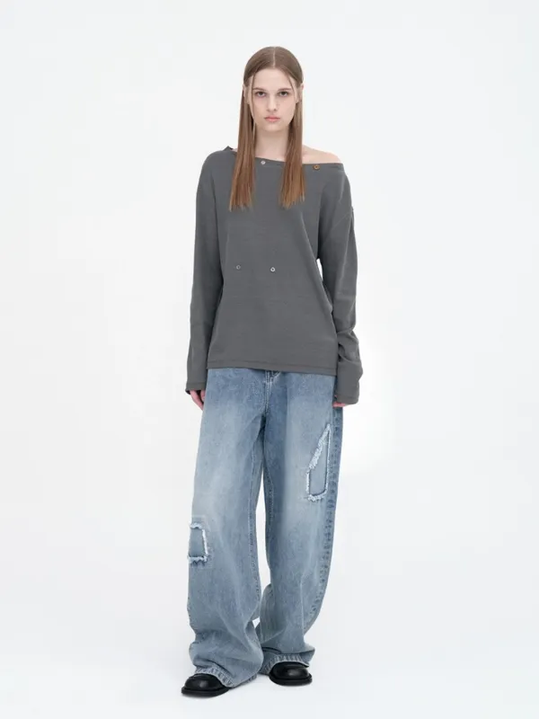 Cut Out Patch Wide Jeans [Mid Blue]