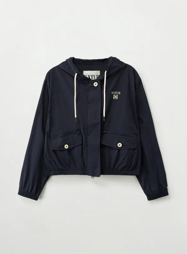 (W) Crop Hood Wind Jacket - Navy