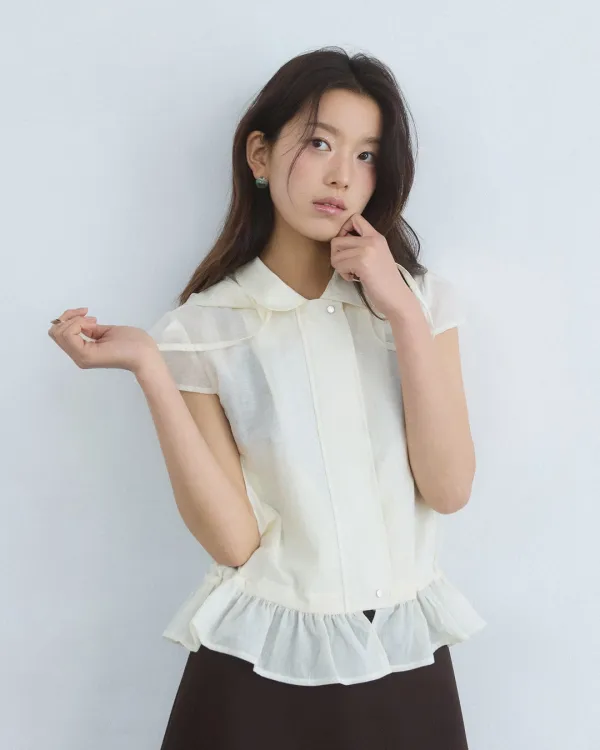 Sheer texture frill hood blouson - cream