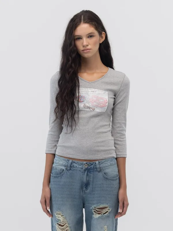 OFF DUTY GIRL V NECK 3/4 SLEEVE (GRAY)