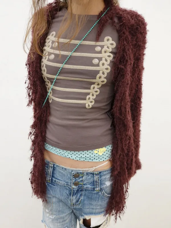 Fuzzy Fringe Cardigan Deep Plum
