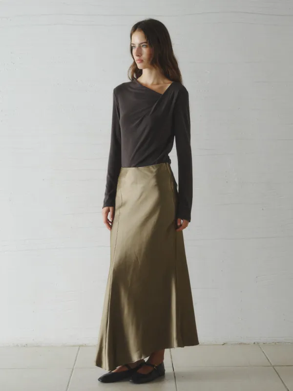 ALOHA unbalanced satin long skirt_khaki