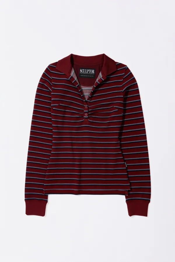 Shirring Tennis Shirt Wine Stripe