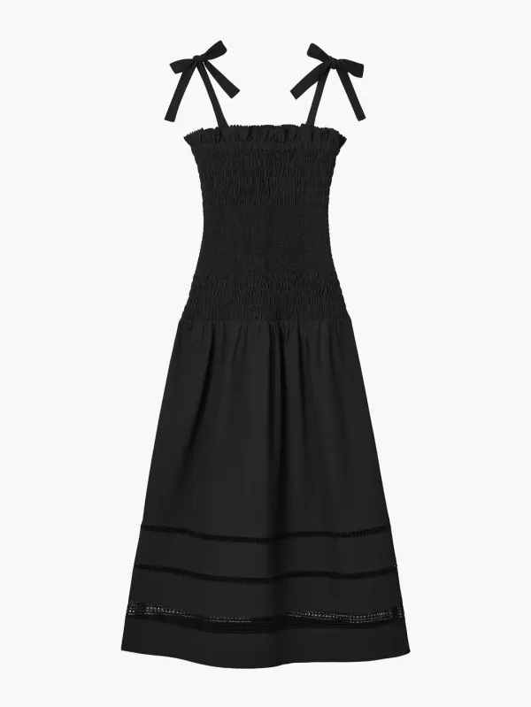 Ribbon Smocked Long Dress, Black
