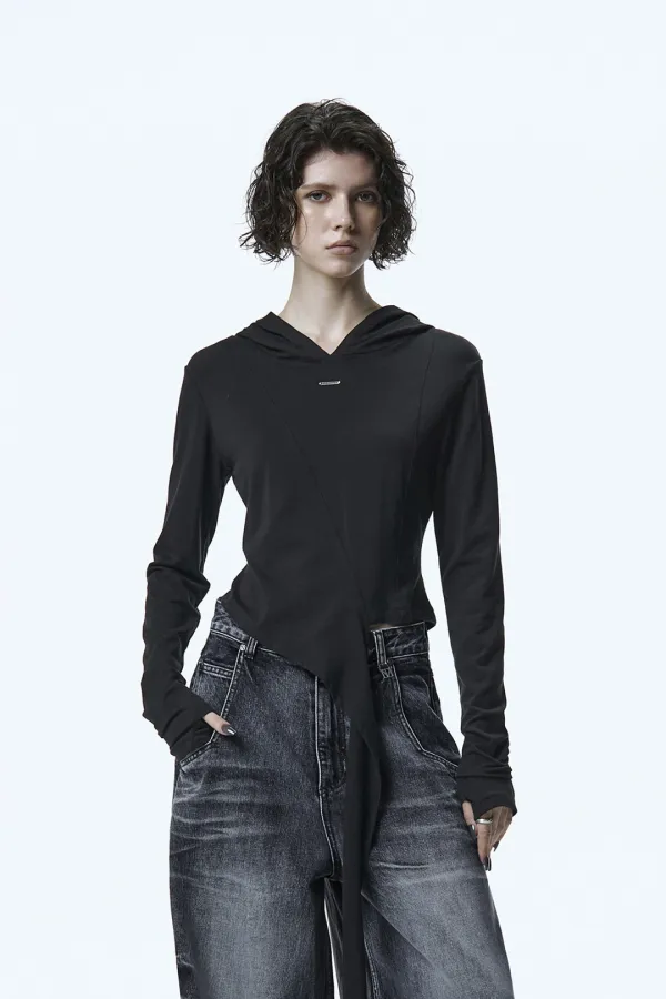 Tie Long Sleeve Hoodie [ Black ]