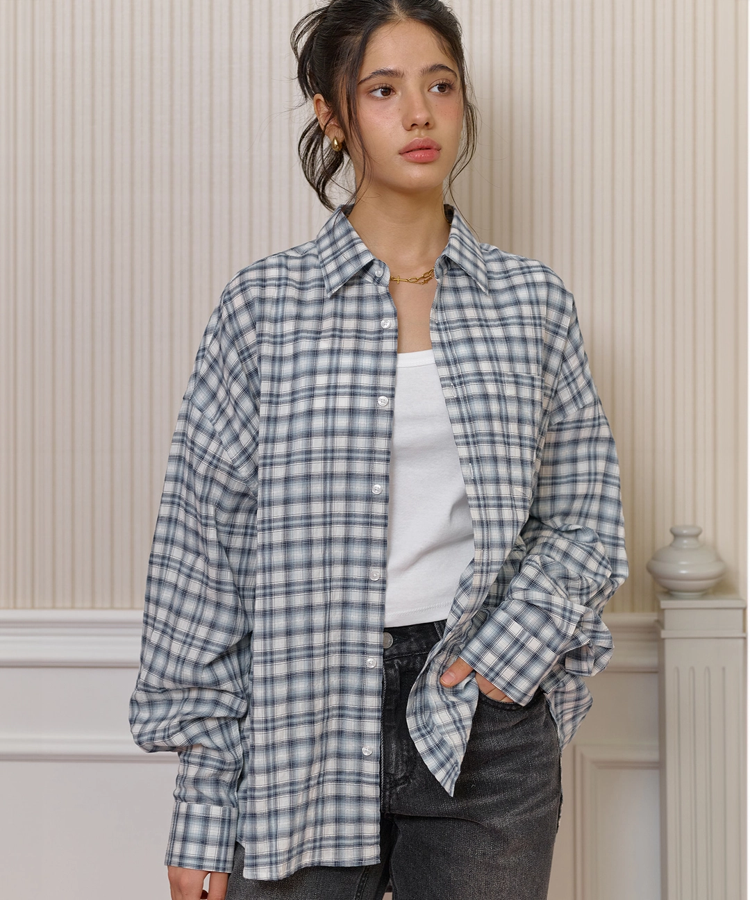 비터셀즈 Oversized Blurry Check Shirt-Blue 상품 이미지 2