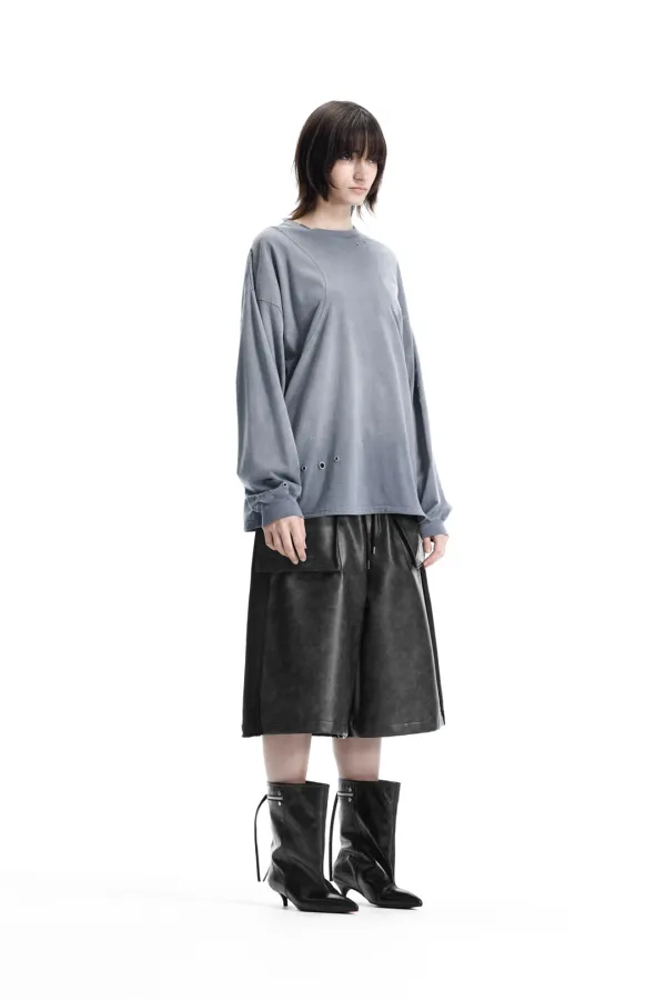 Eyelet Pigment-Washed Long-Sleeve Tee [ Blue ]