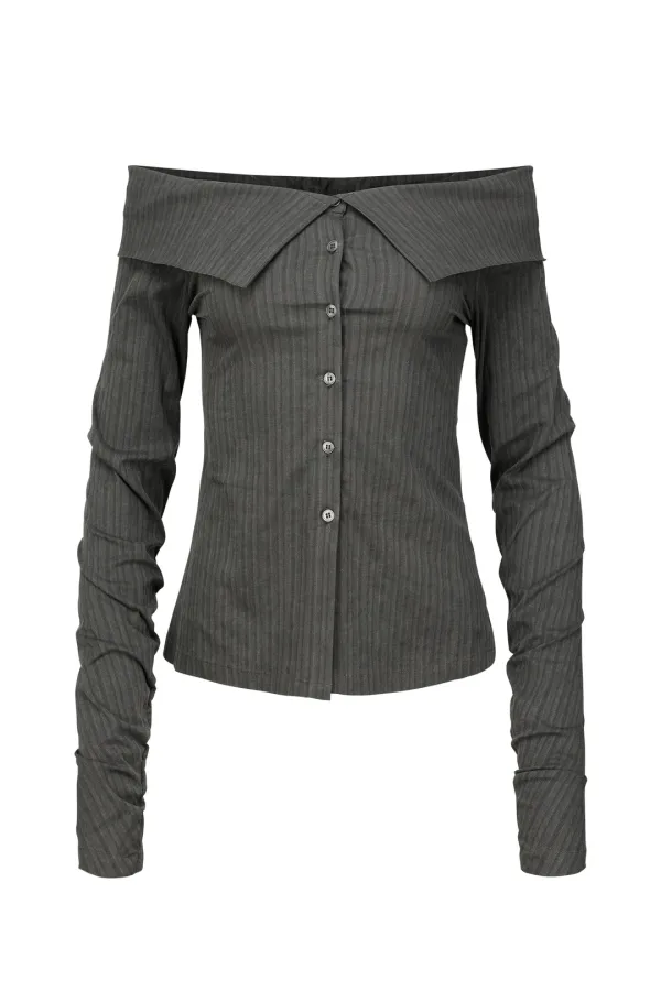 STRIPED OFF SHOULDER SHIRT CHARCOAL