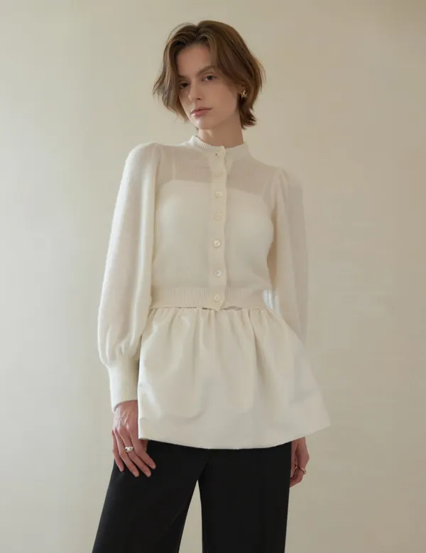 Dolce Puff Long-Sleeve Cardigan (White)