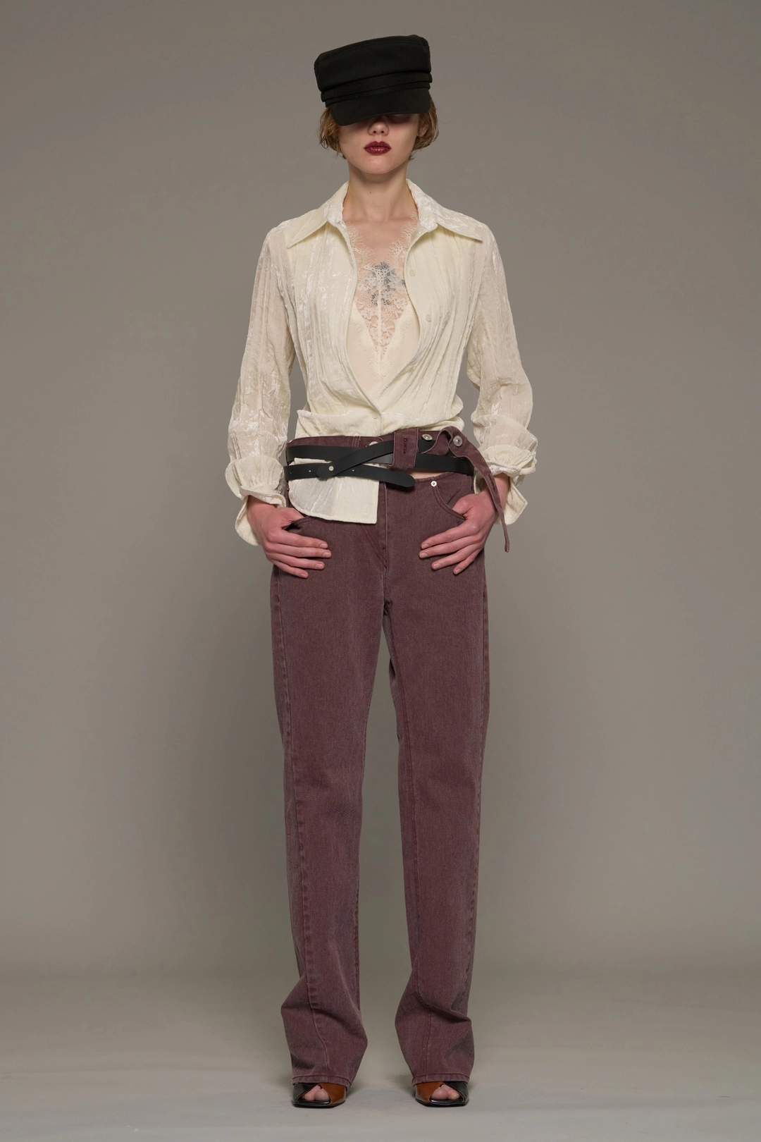푸쉬버튼 FW26 IVORY VELVET WRINKLE LAYERED SHIRT 상품 이미지 1