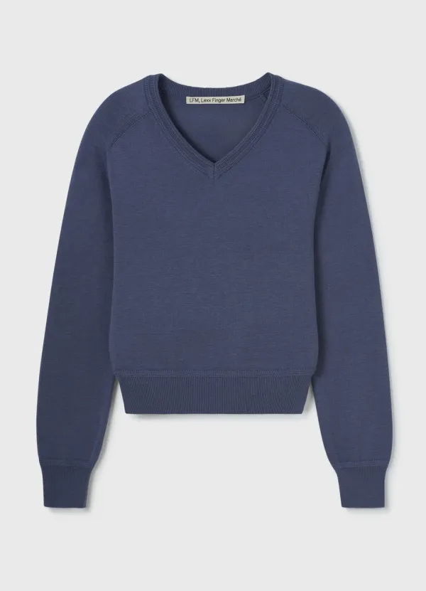 Layered Rib V-Neck Knit / Blue