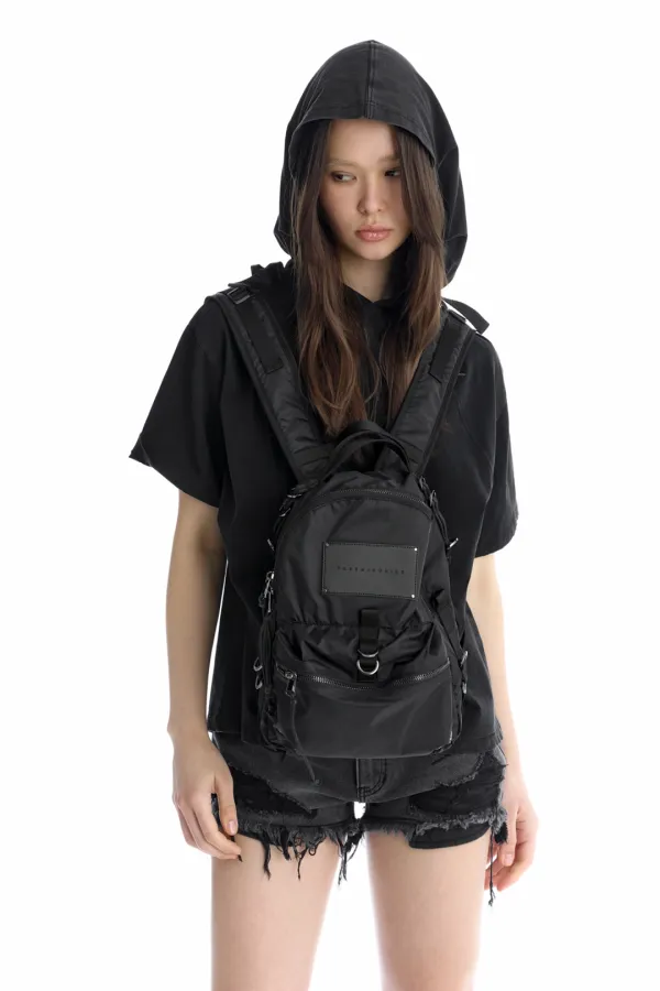 Leather Label Mini Coated Backpack [ Black ]