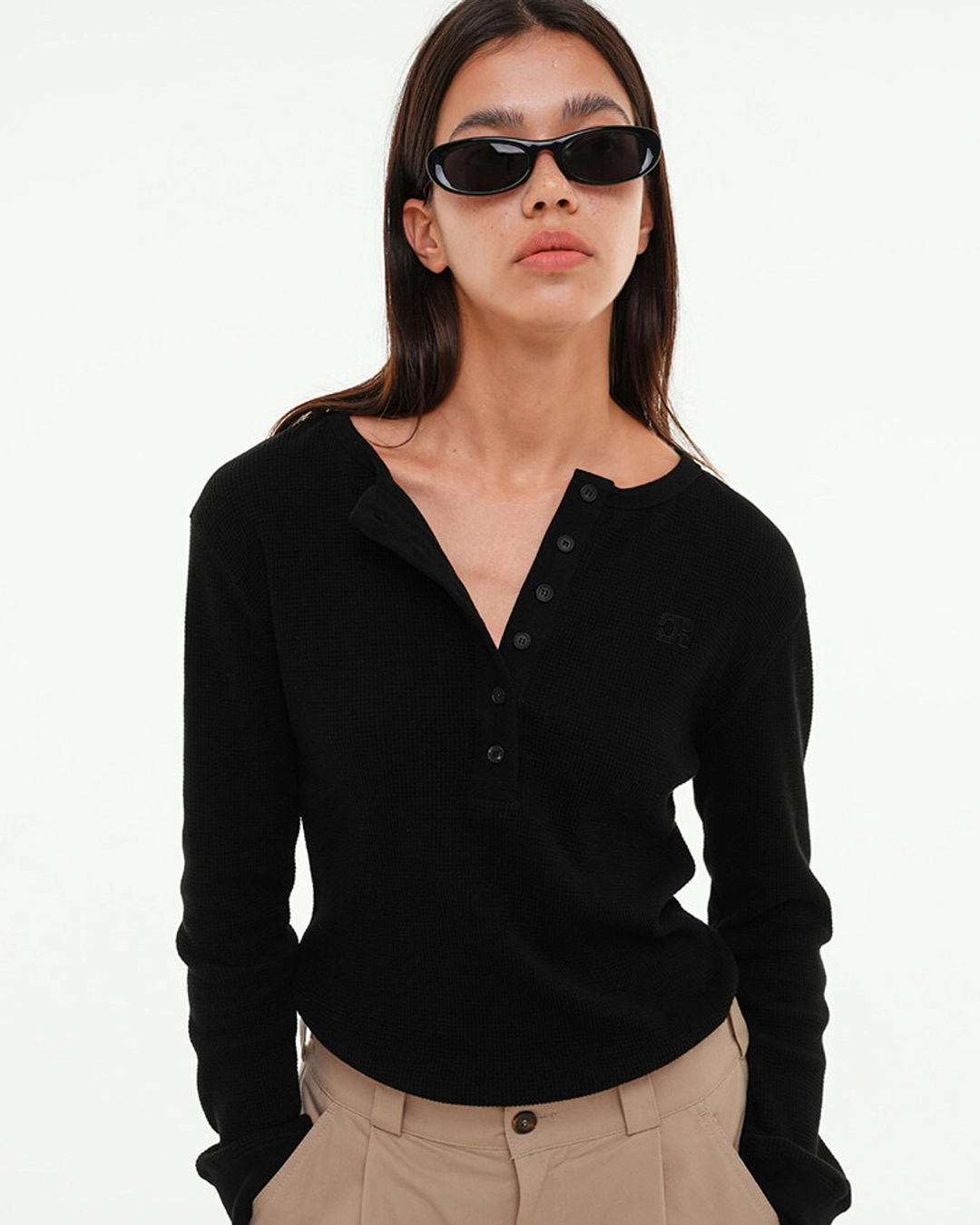 센토르 CENTAUR WAFFLE HENLEY NECK LONG SLEEVE_BLACK 상품 이미지 1