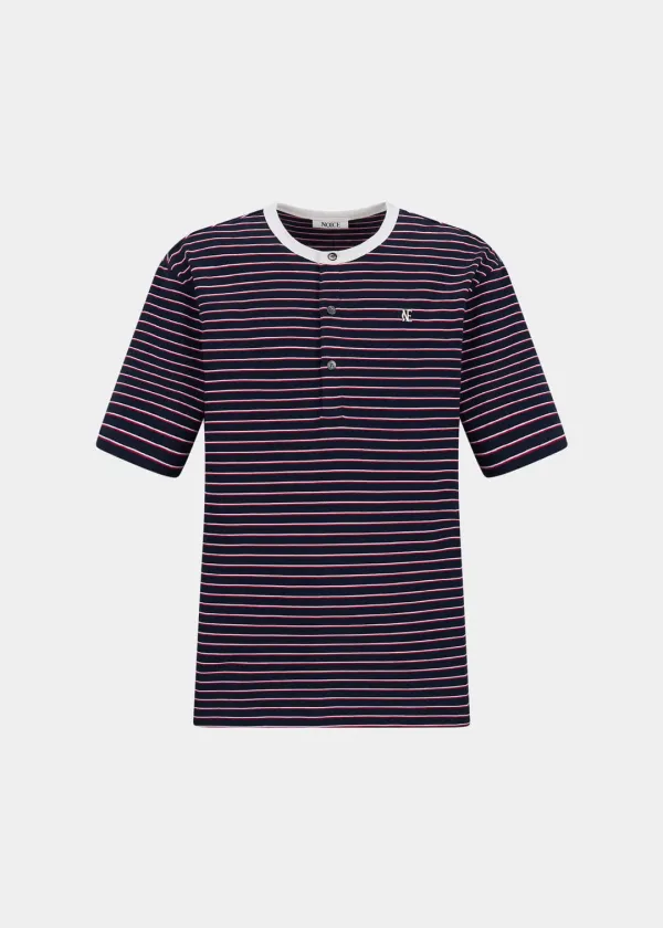 COTTON STRIPE RINGER HENLEY NECK - DARK NAVY
