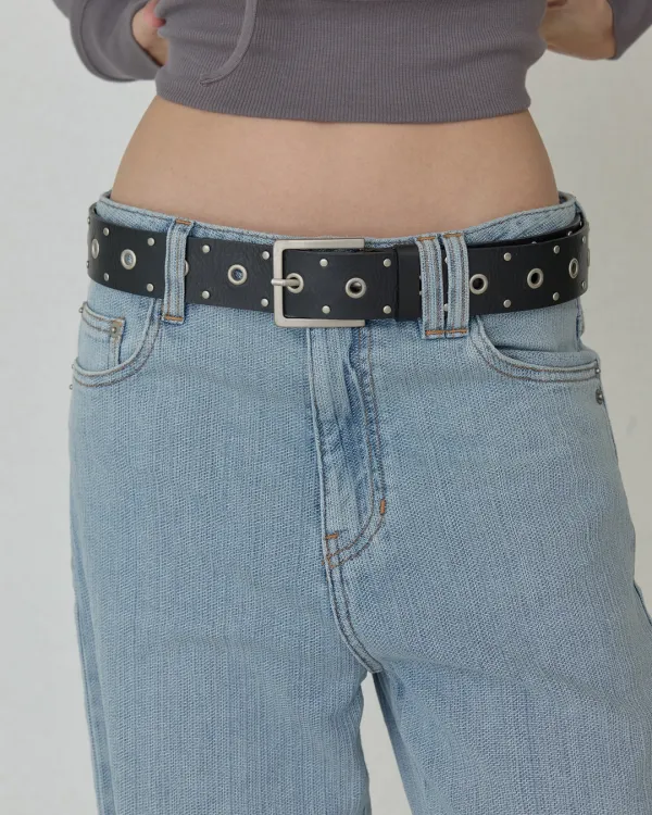 MADDY EYELET LEATHER BELT - BLACK