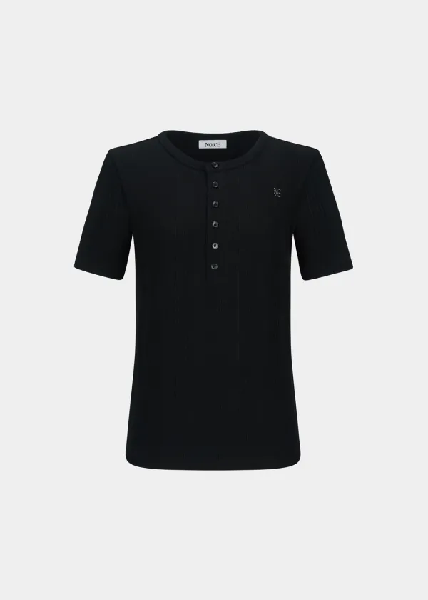 W COTTON RIBBED HENLEY NECK - BLACK