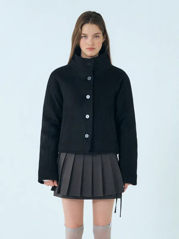 Camel Hair High-Neck Coat, Black