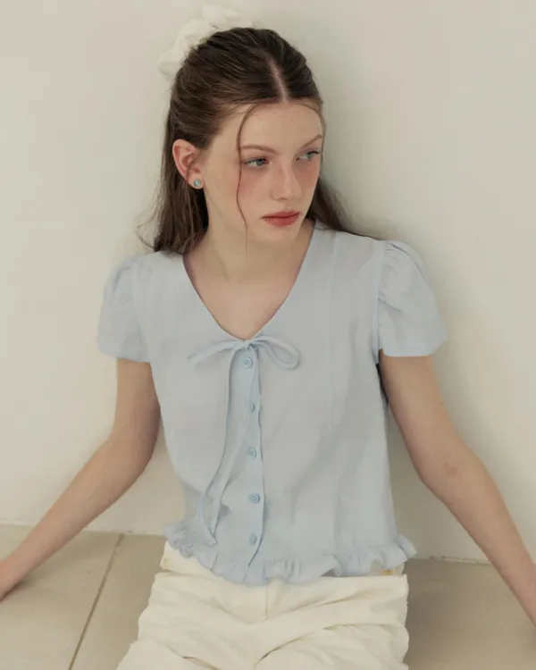 Puff button ribbon half sleeve blouse - sora