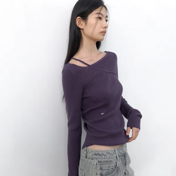 (T-7299)ASYMMETRY CUT-OUT SLIM KNIT