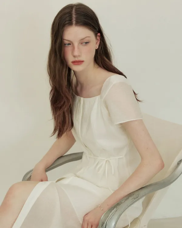 Square neck slim long dress - ivory